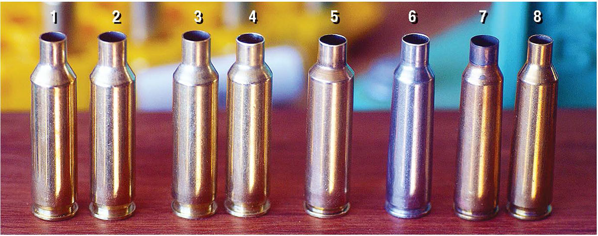 There are two basic contemporary families of cartridges that can be used to make the 250 Savage Ackley Improved. First, there is the (1) 6mm and (2) 6.5 Creedmoor. Once either Creedmoor is necked to (3) .25 caliber, it must then be (4) trimmed. The second family includes the (8) 22-250 Remington and the original (7) 250 Savage. The 22-250 must be opened up to (6) .25 caliber and then (5) fireformed into the final round AI case. No trimming is necessary.